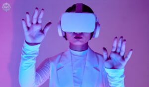 Futuristic woman using a virtual reality (VR) headset, exploring immersive digital experiences with advanced technology.